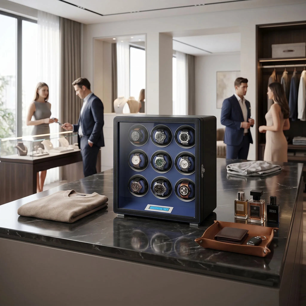 9 Watch Winder in Smooth Black with Blue Leather Finish by Aevitas UK