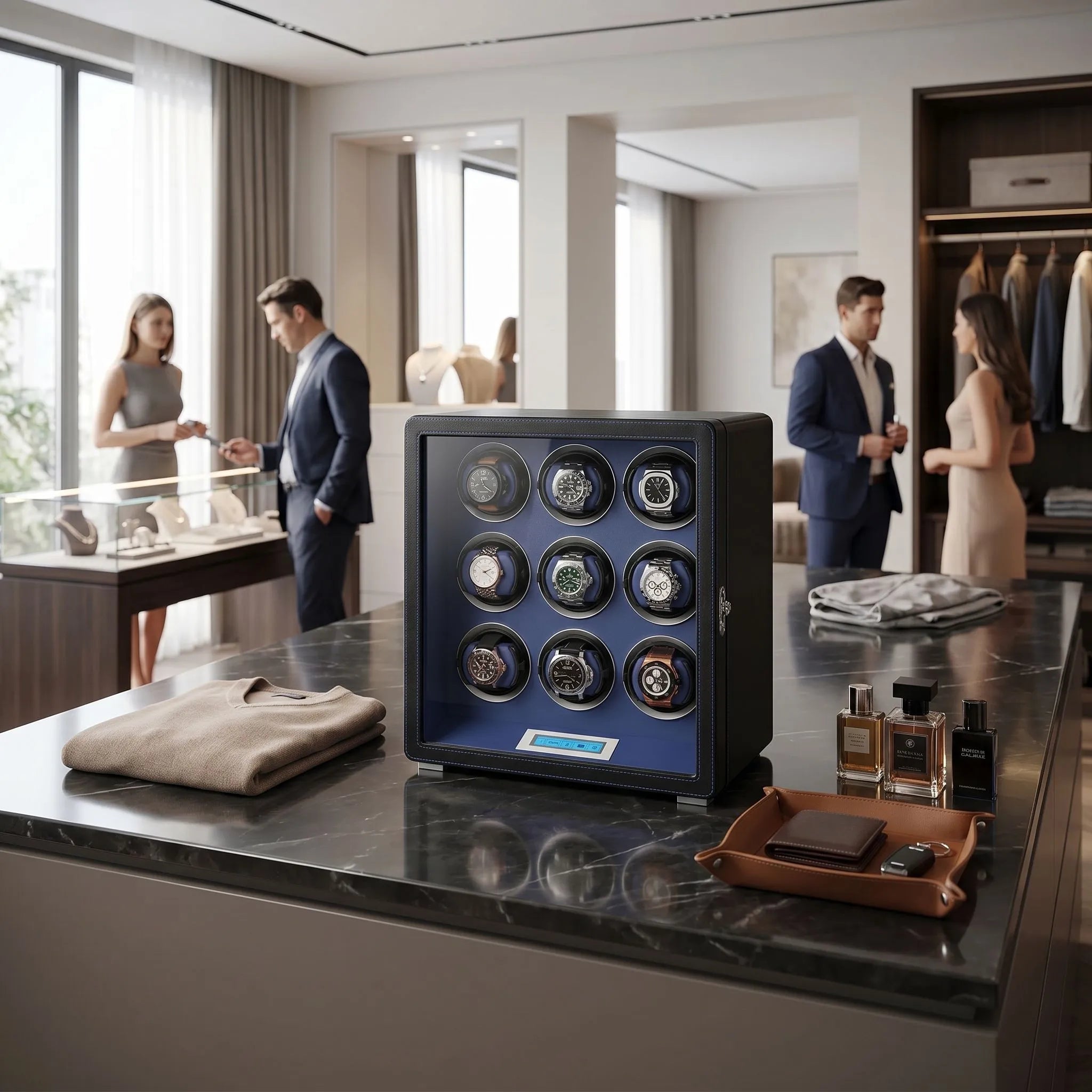 9 Watch Winder in Smooth Black with Blue Leather Finish by Aevitas UK