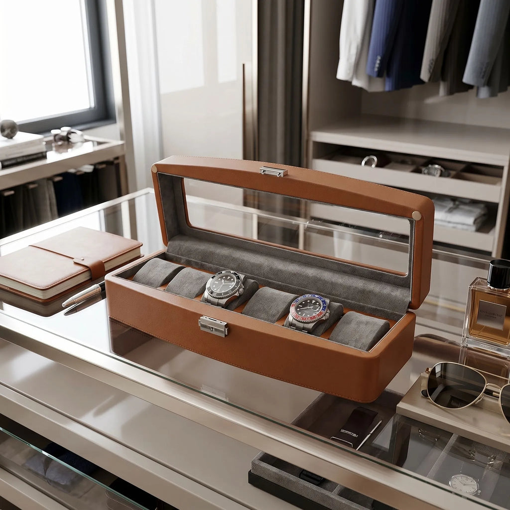 Brown Leather 6 Watch Box with Glass Lid Premium Quality by Aevitas
