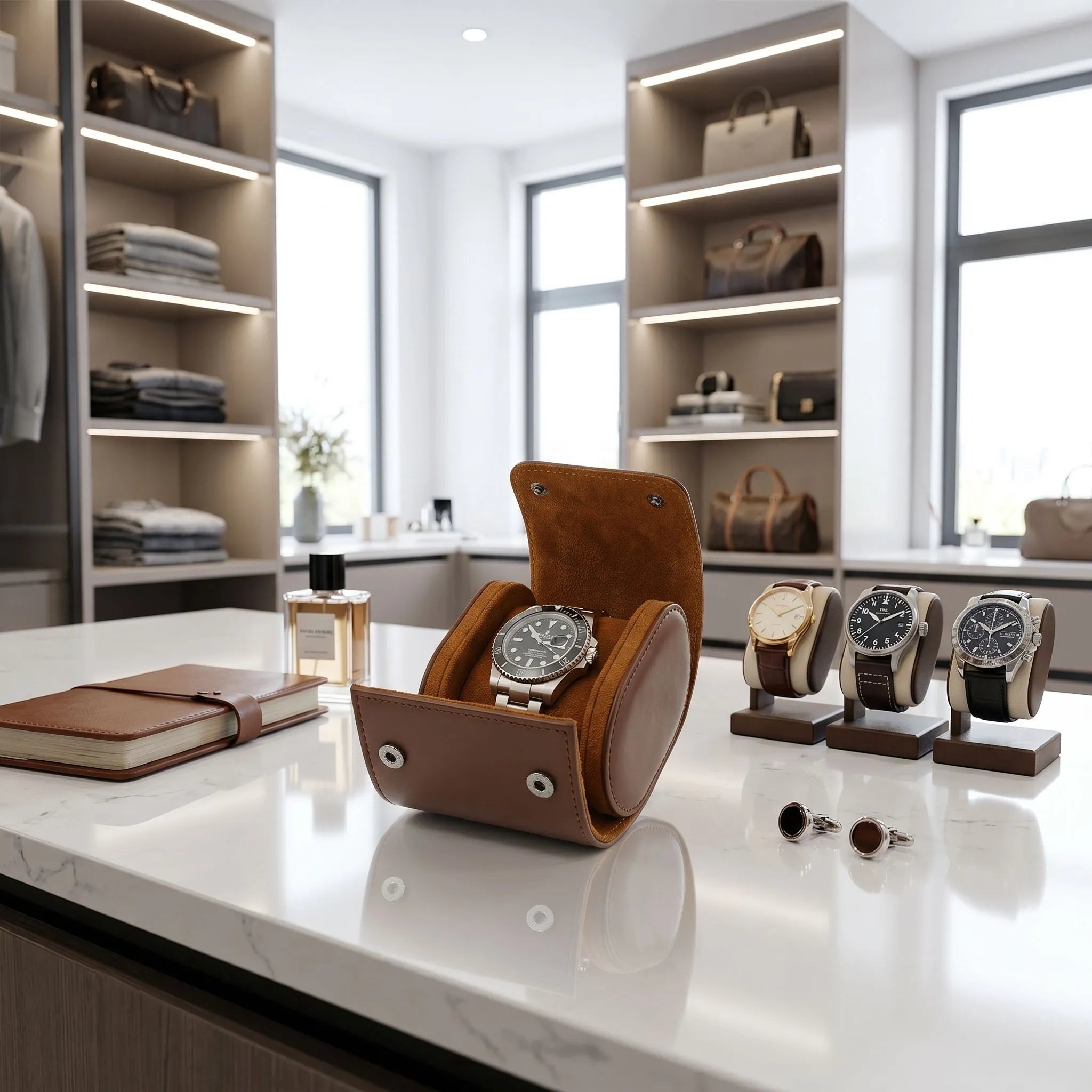 Premium Single Watch Roll in Brown Leather with Super Soft Tan Suede Lining