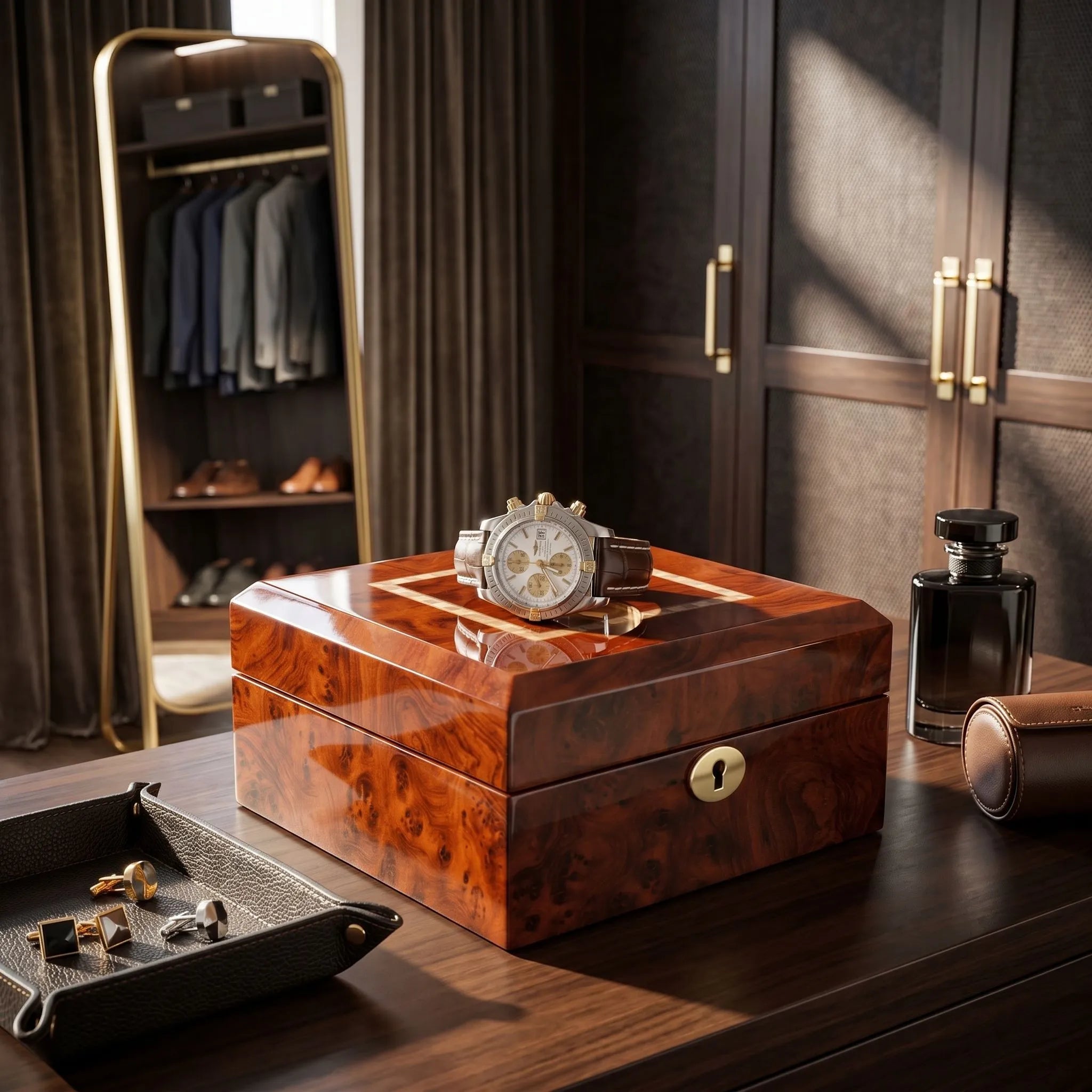 Premium 6 Watch Box in Burl Wanut Wood Piano Gloss Finish with Luxury Lining