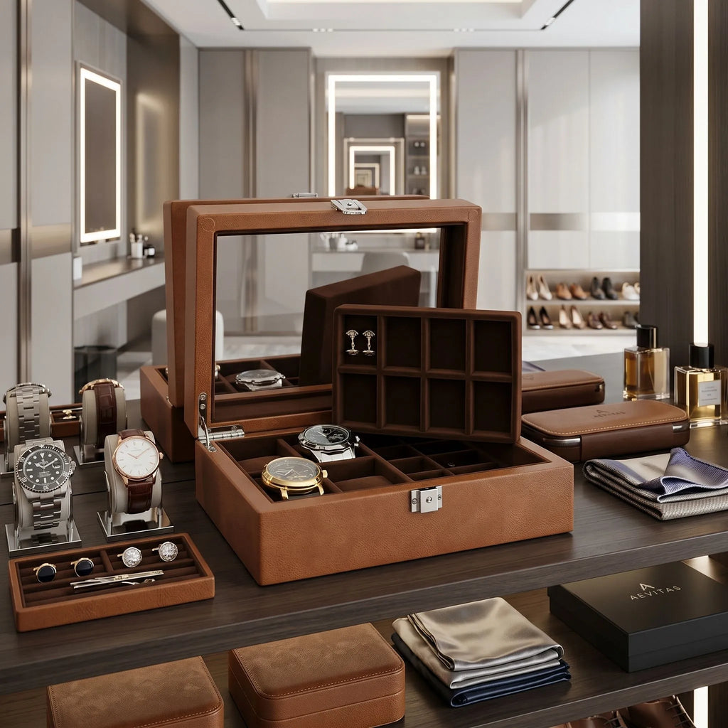 16 Cufflinks and 4 Piece Watch Box in Cognac Brown Genuine Leather Wood by Aevitas