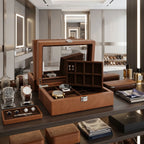 16 Cufflinks and 4 Piece Watch Box in Cognac Brown Genuine Leather Wood by Aevitas
