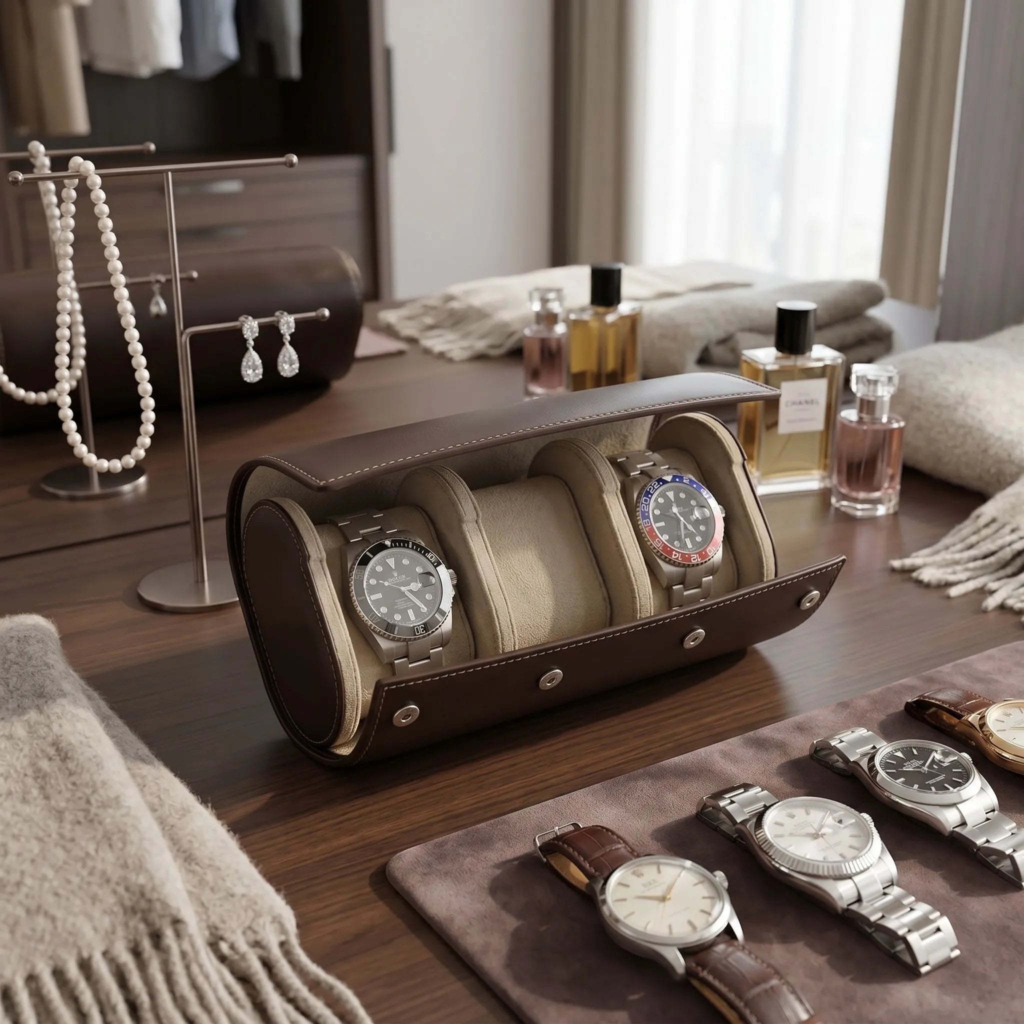Triple Watch Roll Case in Premium Dark Brown Calf Leather by Aevitas
