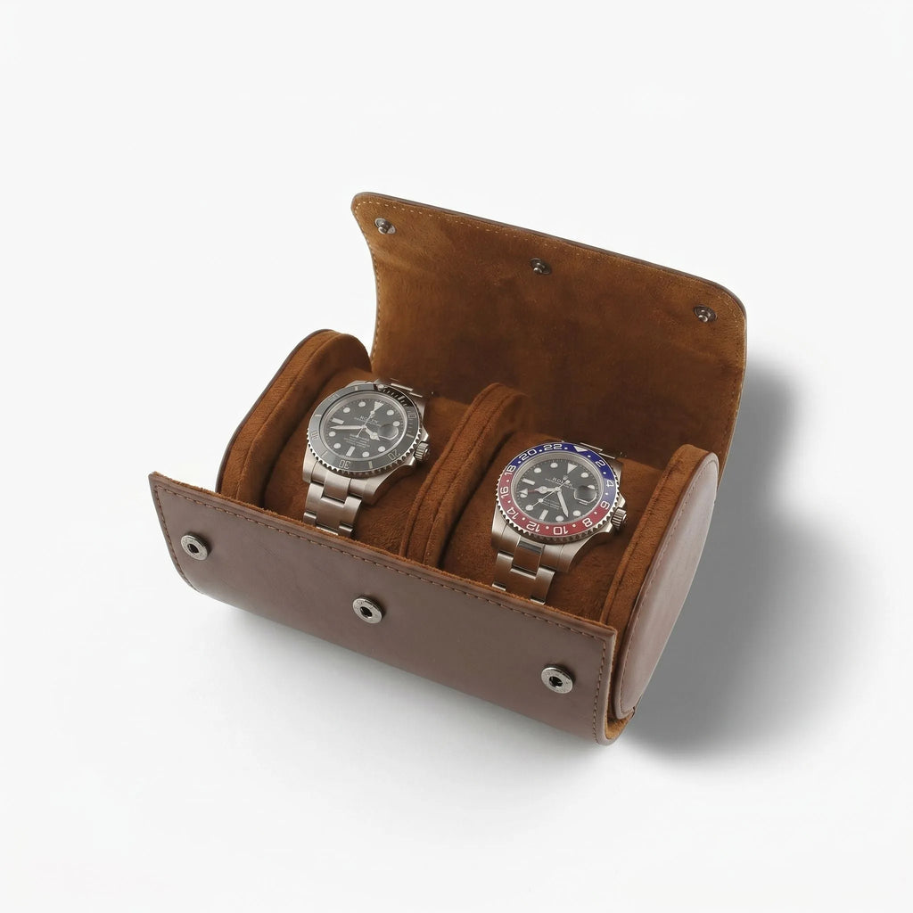 Premium double watch roll in rich brown vegan leather with suede lining, placed on a wooden surface with a shadow on the right for a sleek look.