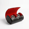 Double Watch Roll Case in black nappa leather with red lining, ideal for luxury watch travel storage.