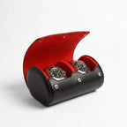 Double Watch Roll Case in black nappa leather with red lining, ideal for luxury watch travel storage.