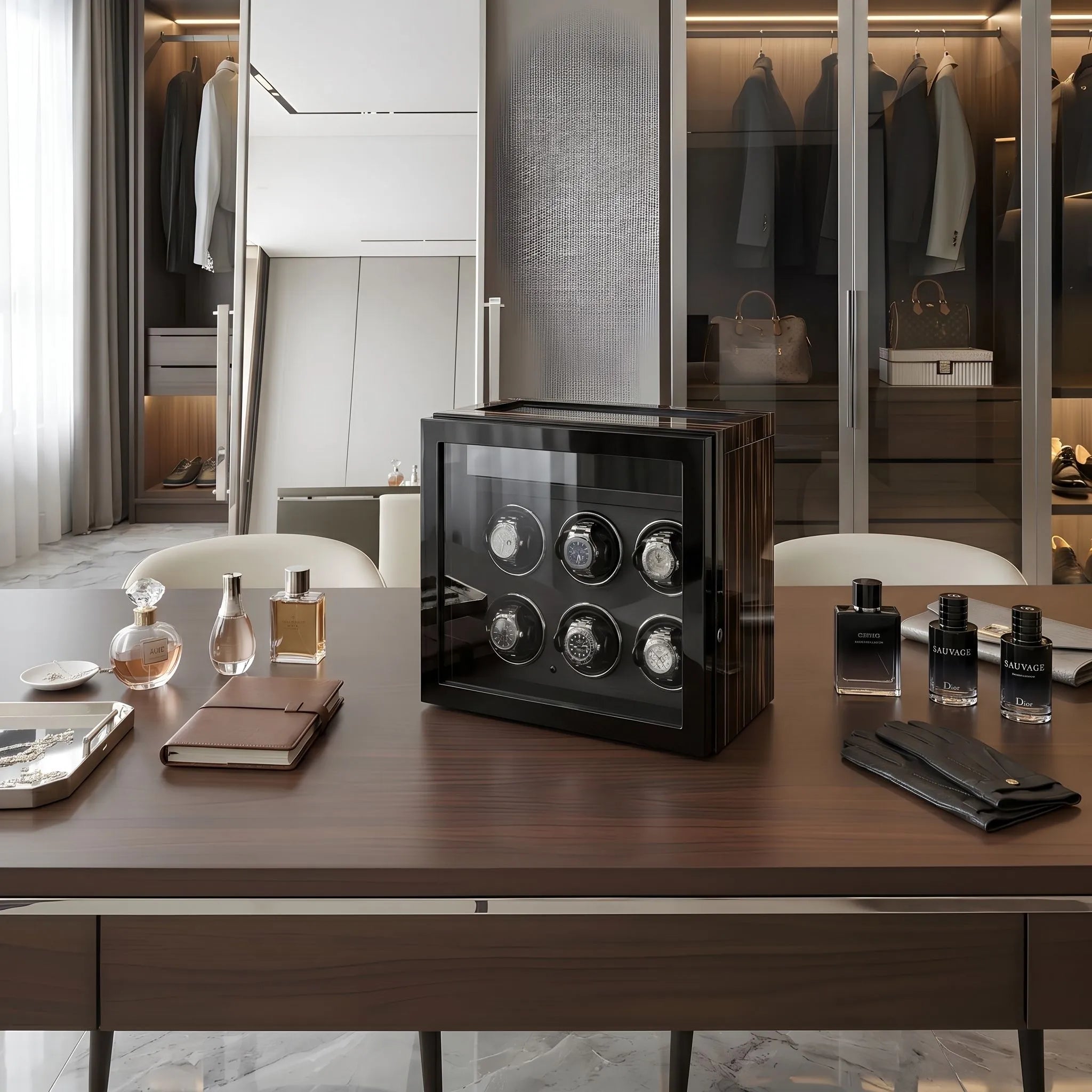 Premium 6 Watch Winder with Storage in Zebrano Ebony Wood by Aevitas