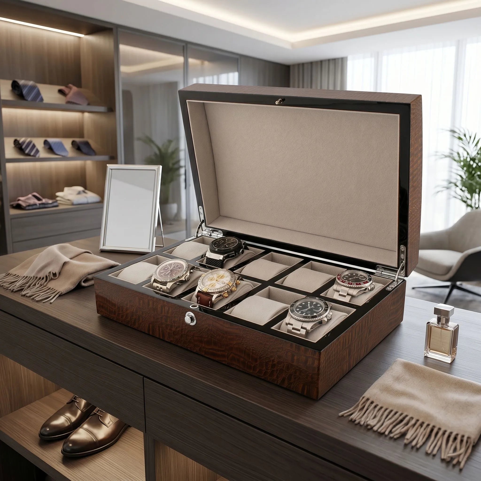 Premium 10 Watch Box in Brown High Gloss Lacquered Crocodile Print Finish by Aevitas
