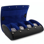 Black Nappa leather watch roll case by Aevitas with blue Alcantara lining, handcrafted design, and matching stitching, on a transparent background.