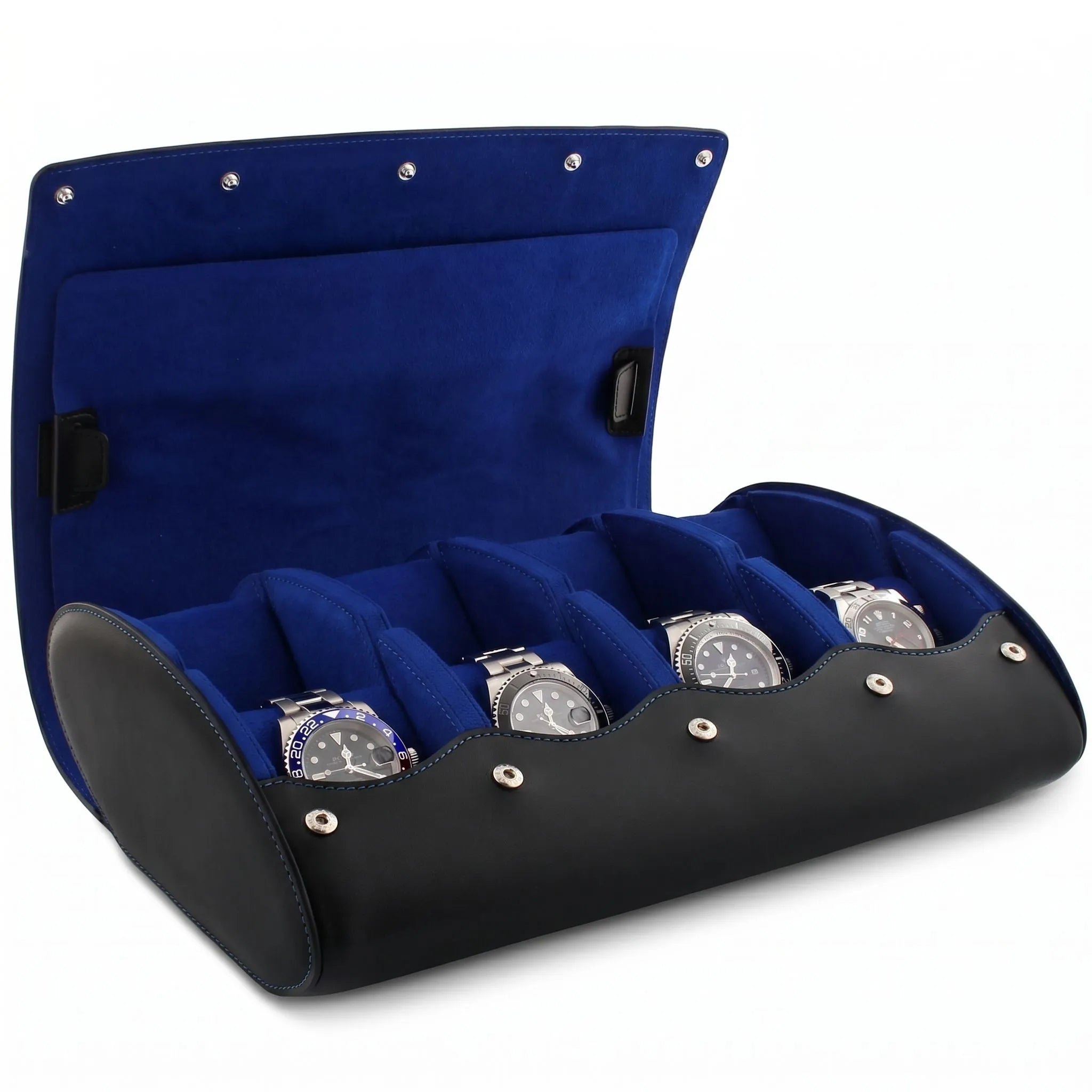 Black Nappa leather watch roll case by Aevitas with blue Alcantara lining, handcrafted design, and matching stitching, on a transparent background.