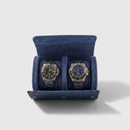Blue leather double watch roll with soft suede lining, ideal for travel and watch storage, featuring compact design and secure fit.