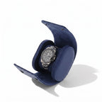 Blue vegan leather single watch roll with soft suede lining, designed for safe travel and stylish storage.