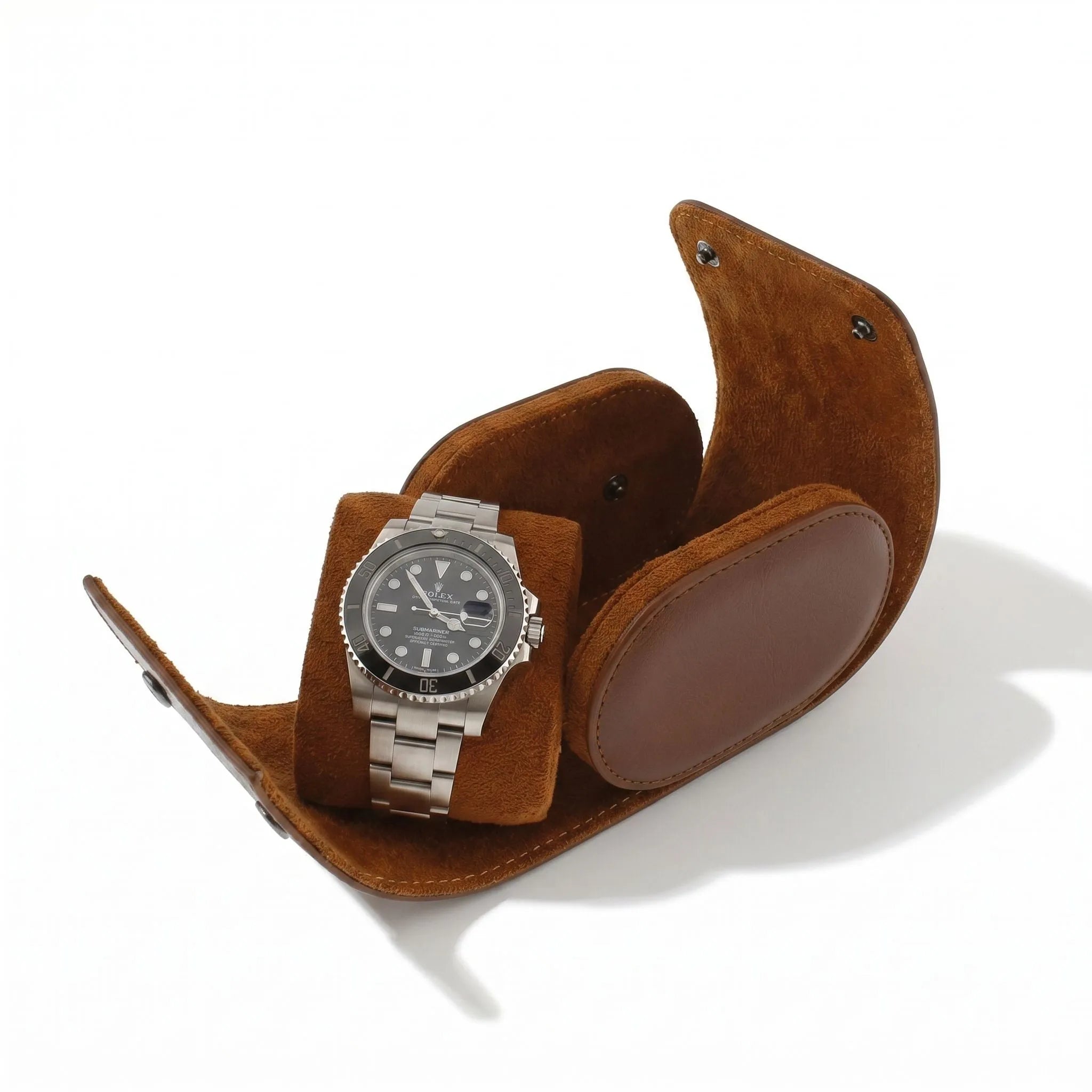 Close-up of a premium brown vegan leather watch roll with soft suede lining, showing craftsmanship and texture detail.