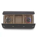 Premium triple watch roll in carbon fibre leather with soft lining, designed for stylish watch travel and protection.