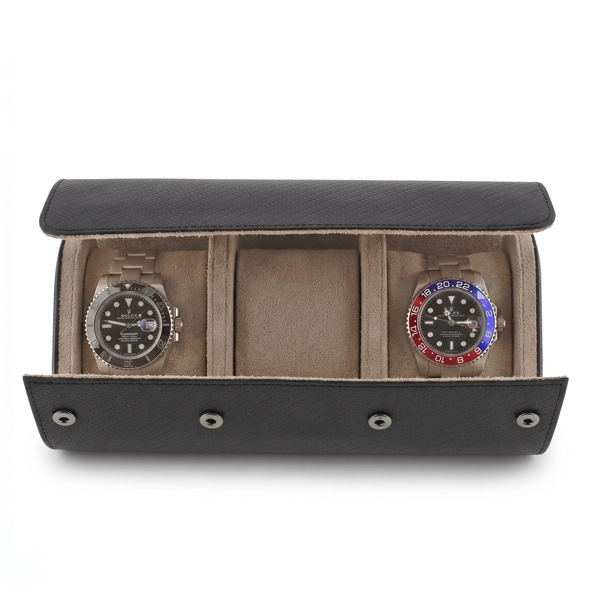 Premium triple watch roll in carbon fibre leather with soft lining, designed for stylish watch travel and protection.