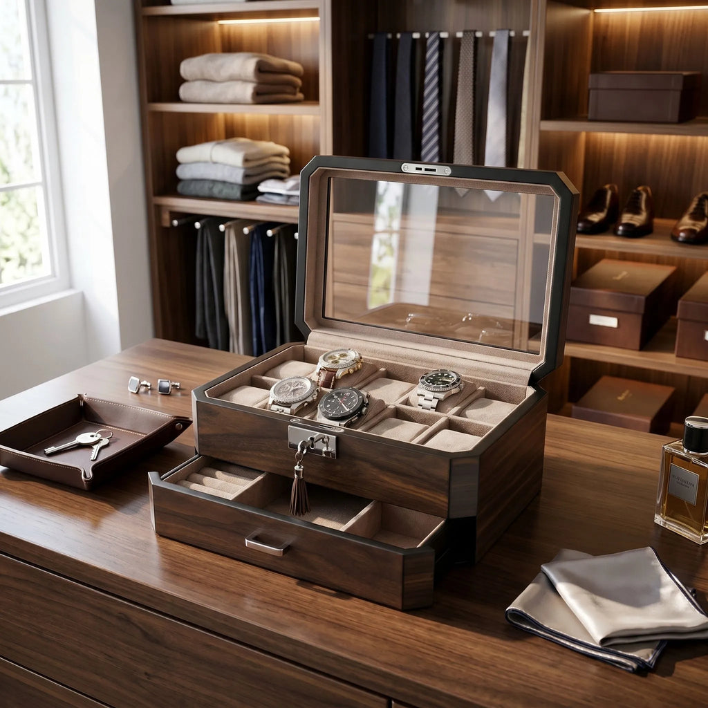 10 Watch Box With Drawer in Natural Dark Walnut Veneer Finish by Aevitas