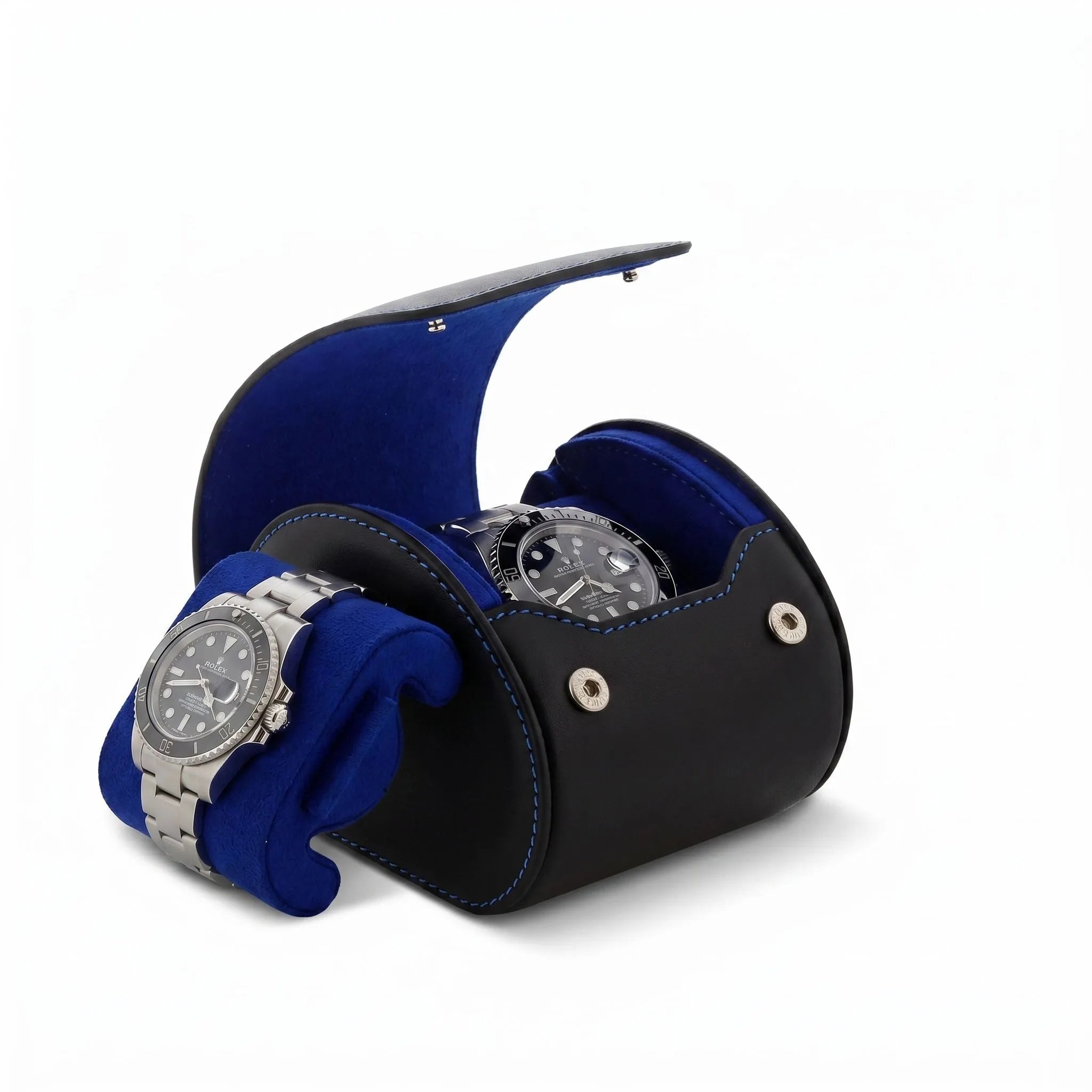High-quality image of a single watch roll case in black Nappa leather with blue lining, placed on a white marble surface, highlighting craftsmanship and details.