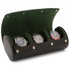 Elegant triple watch roll case in black Nappa leather with contrasting stitching, designed for luxury watch travel and storage.
